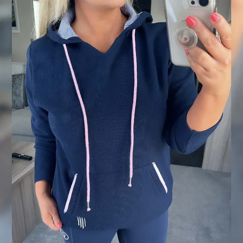 Ribbed Hoodie Navy Elegant Women's 