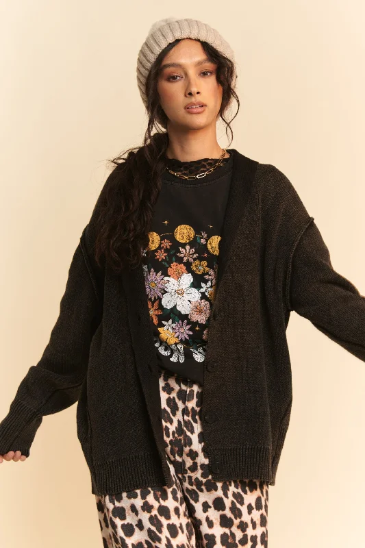 Davi & Dani Shawl Collar Ribbed Detail Button Up Cardigan Artistic Women's Hand - painted