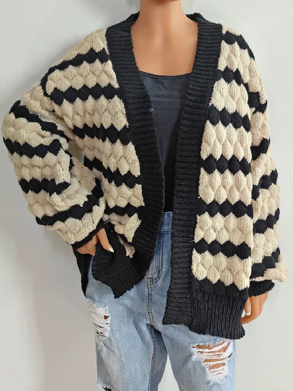 Striped Contrast Open Front Long Sleeve Cardigan Casual Women's Loose - fitting