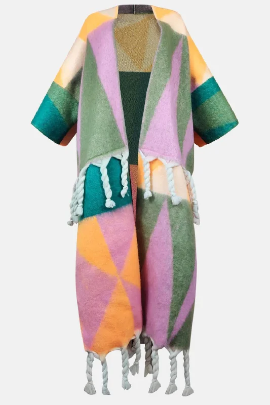 Tassel Color Block Open Front Cardigan Artistic Women's Avant - 