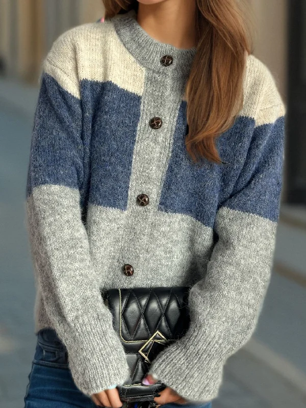 Color Block Round Neck Button Up Cardigan Stylish Women's Neon