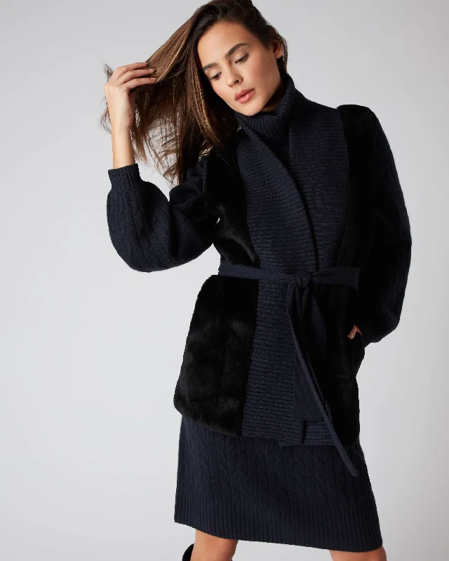 Women's Shearling Belted Cashmere Gilet Navy Blue Tough Women's Military - inspired
