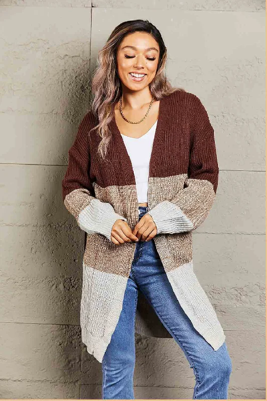 Perfee Woven Right Color Block Open Front Rib-Knit Longline Cardigan Sustainable Organic