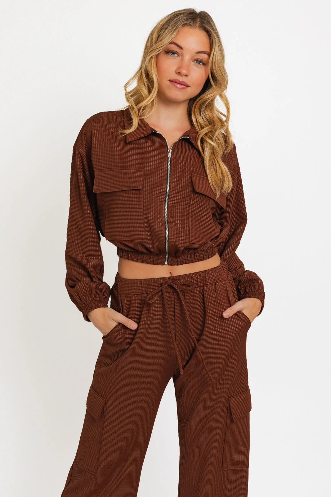 Long Sleeve Collared Double Pocket Zip Up Jacket Dapper Women's Bow - adorned