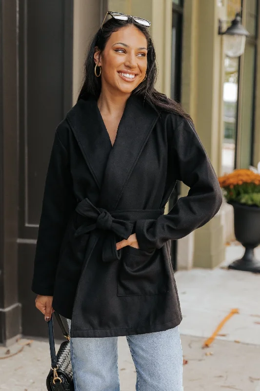 Sophisticated Black Tie Hooded Coat - FINAL SALE Relaxed Women's 