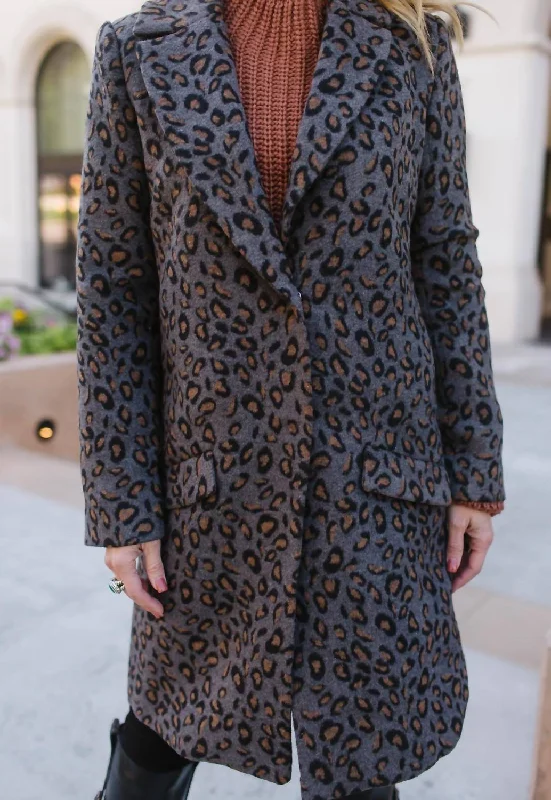 The Hadley Leopard Coat In Dark Grey Relaxed Women's Beachy
