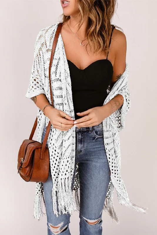 Openwork Open Front Cardigan with Fringes garde