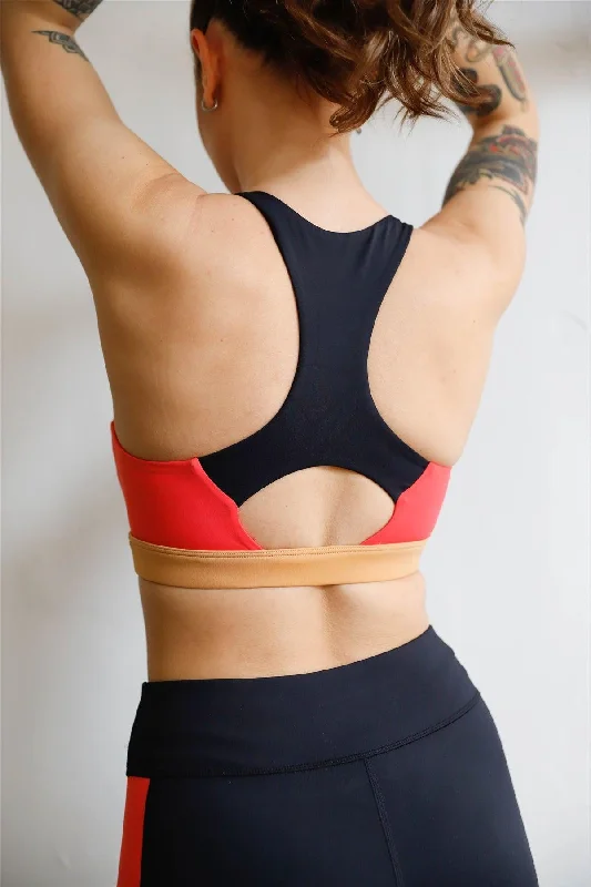 Black Multi Color Block Racerback Strap Classic Silhouette Sports Bra Activewear Top / XS-L/3-1 Dapper Women's 1920S
