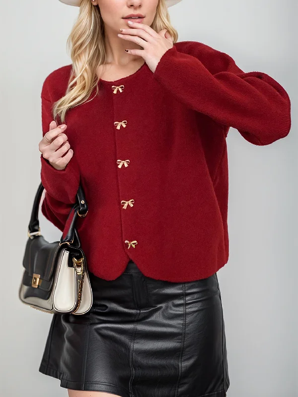 Bow Button Down Round Neck Long Sleeve Cardigan European