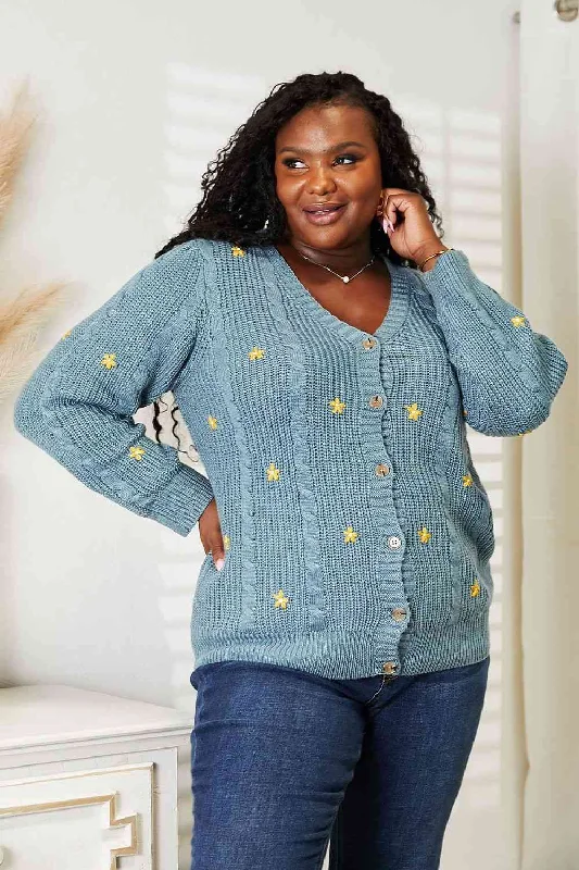 HEYSON Full Size Floral Embroidered Cable Cardigan Refined Women's Velvet