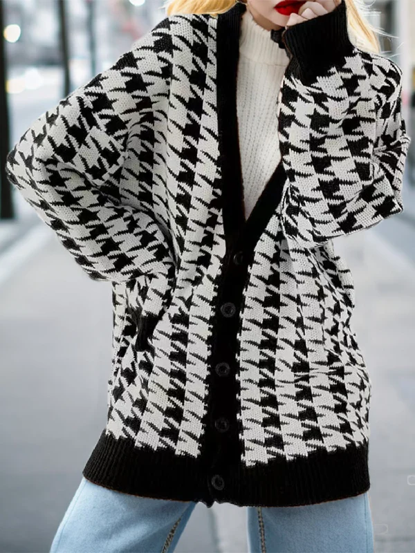 Houndstooth Button Up Long Sleeve Cardigan Hip Women's Retro