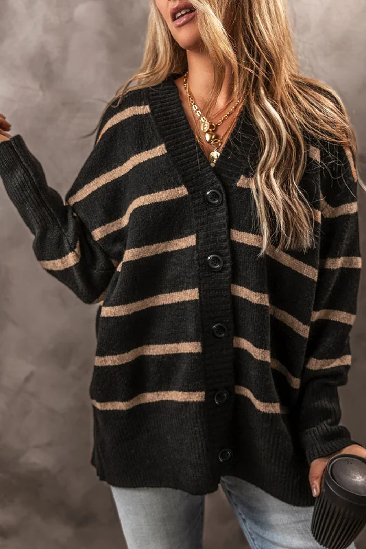 Striped Button Up Dropped Shoulder Cardigan Business