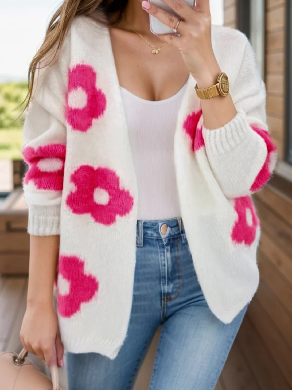 Flower Open Front Long Sleeve Cardigan French