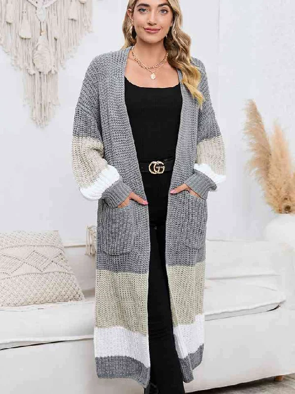 Color Block Long Sleeve Pocketed Cardigan Cozy Women's Sherpa - lined