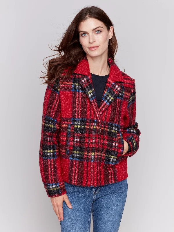 Plaid Bouclé Knit Short Coat - Cranberry Elegant Women's 