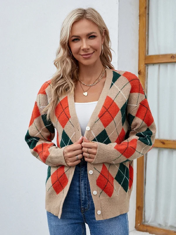 Plaid Contrast Button Up Cardigan Sporty Women's Tennis