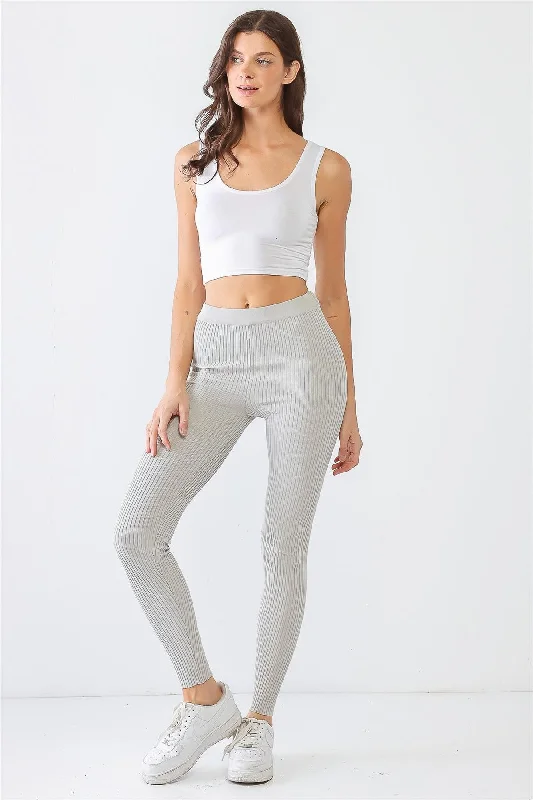 Silver Ribbed Stretchy Activewear Athletic Leggings /3-2-1 Compression