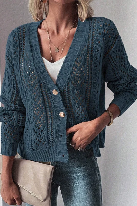 Openwork Button Up Long Sleeve Cardigan Minimalist Women's Casual