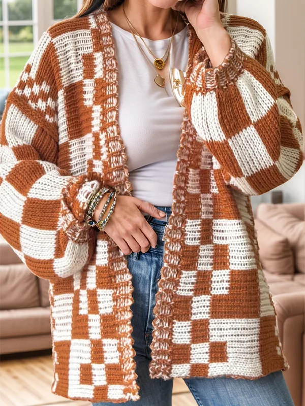 Checkered Open Front Long Sleeve Cardigan Street