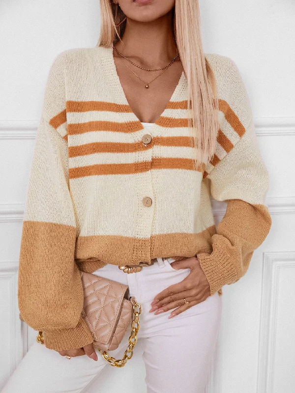 Color Block V-Neck Button Down Long Sleeve Cardigan Bohemian Women's Free