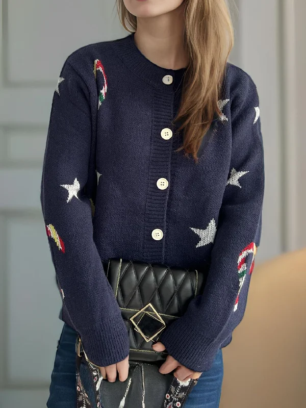 Candy Cane & Star Button Down Long Sleeve Cardigan Relaxed Women's Beachy