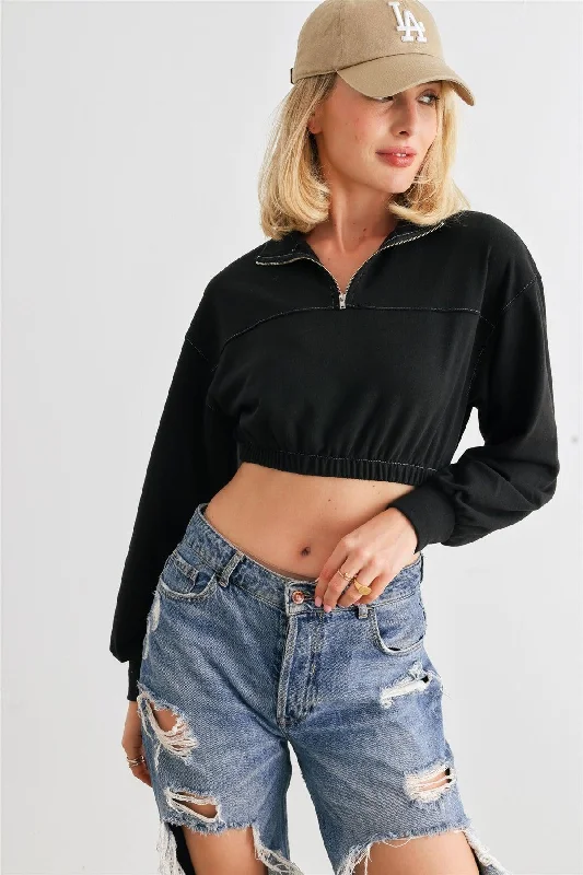 Black Zip-Up Mock Neck Long Sleeve Elastic Hem Crop Top /1-2-2-1 Edgy Women's Punk
