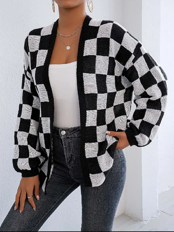 Checkered Open Front Long Sleeve Cardigan Australian Beach