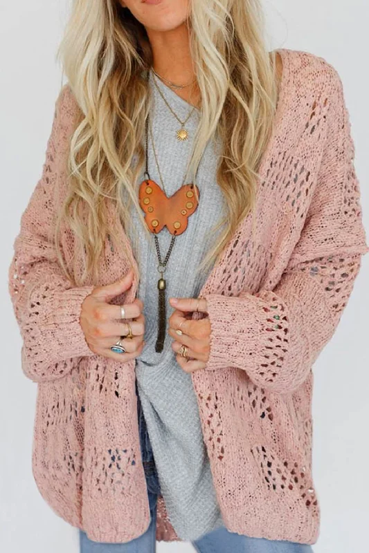 Openwork Open Front Long Sleeve Cardigan Country