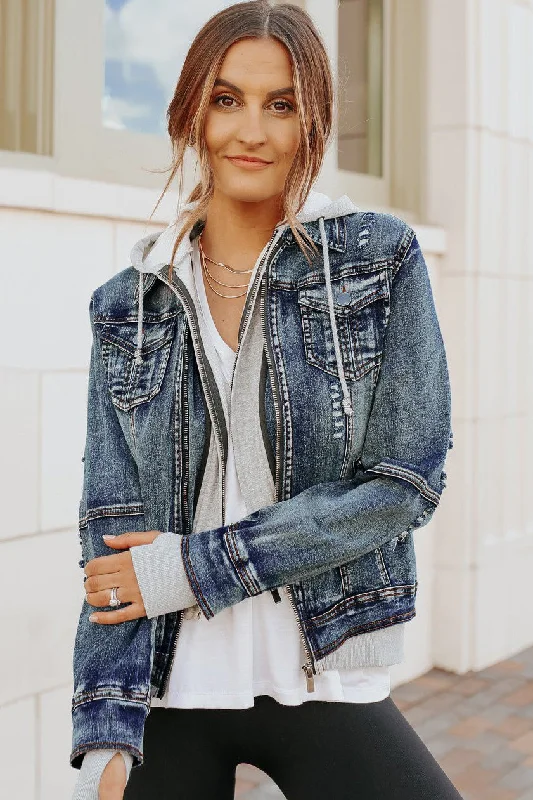 Denim Jacket with Hoodie: Medium Wash Bohemian Women's Free
