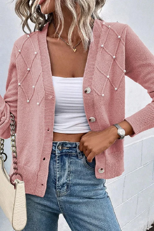 Beaded V-Neck Button Up Long Sleeve Cardigan Laid - back Women's Style