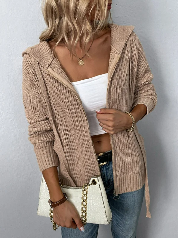 Zip-Up Drawstring Detail Hooded Cardigan Confident Women's High - fashion