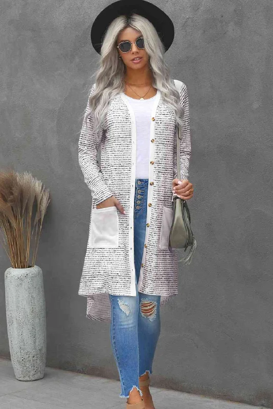 Striped Leopard Patchwork Duster Cardigan with Pockets Classic Women's Pin - striped