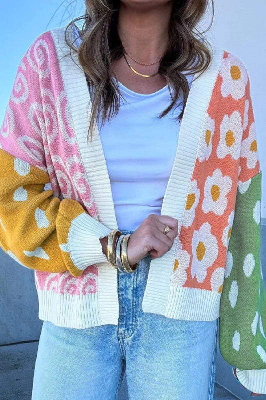 Flower & Dotted Mixed Open Front Cardigan Casual Women's Loose - fitting