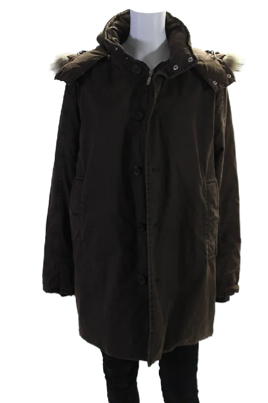 Moncler Womens Brown Fox Fur Trim Removable Hood Long Sleeve Parka Jacket Laid - back Women's Style