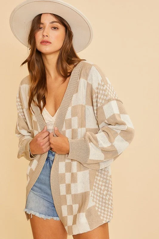 Annie Wear Checkered Open Front Drop Shoulder Cardigan Elegant Women's 
