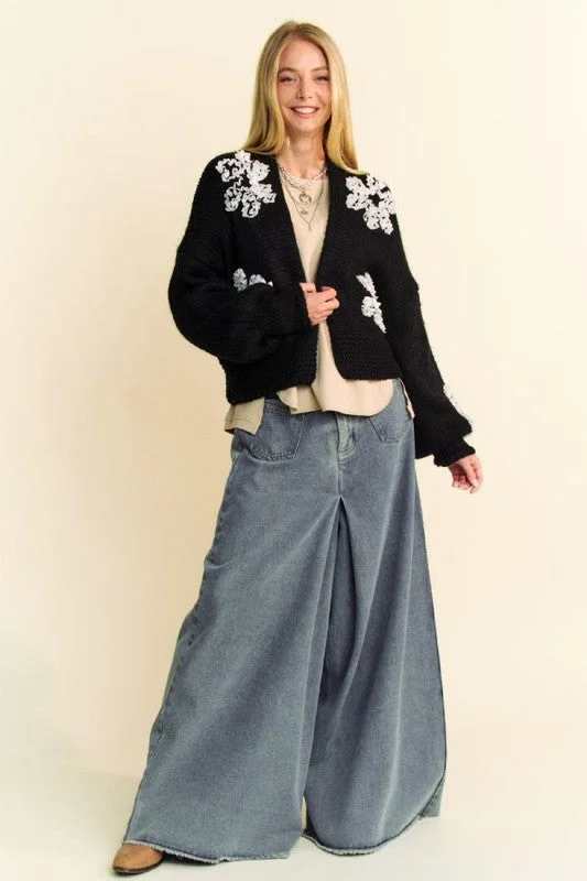 Davi & Dani Floral Applique Open Front Dropped Shoulder Cardigan Preppy Women's College