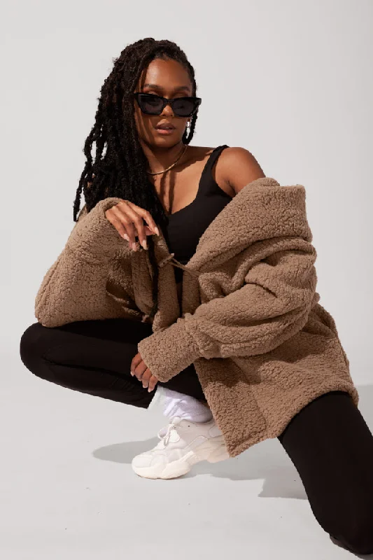 Faux Sherpa Cocoon Coat - Teddy Bear Brown garde