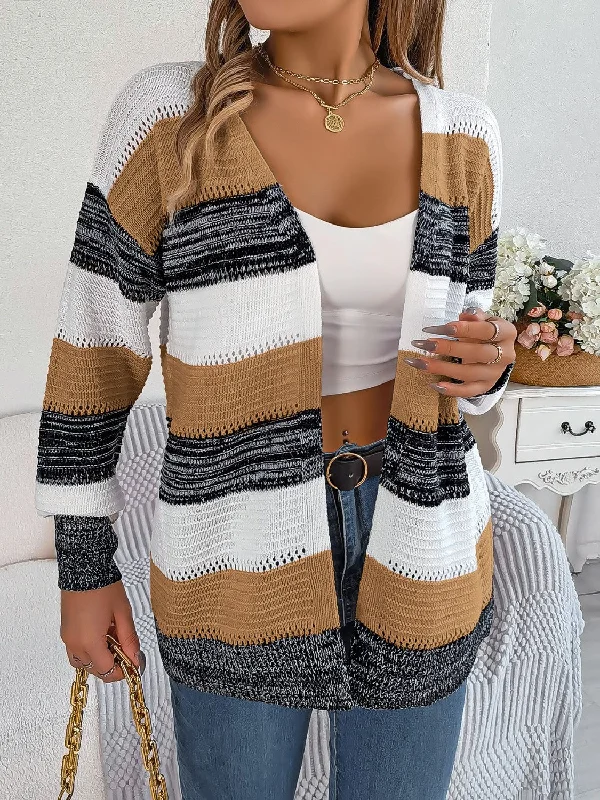 Openwork Striped Open Front Cardigan Sophisticated Women's 