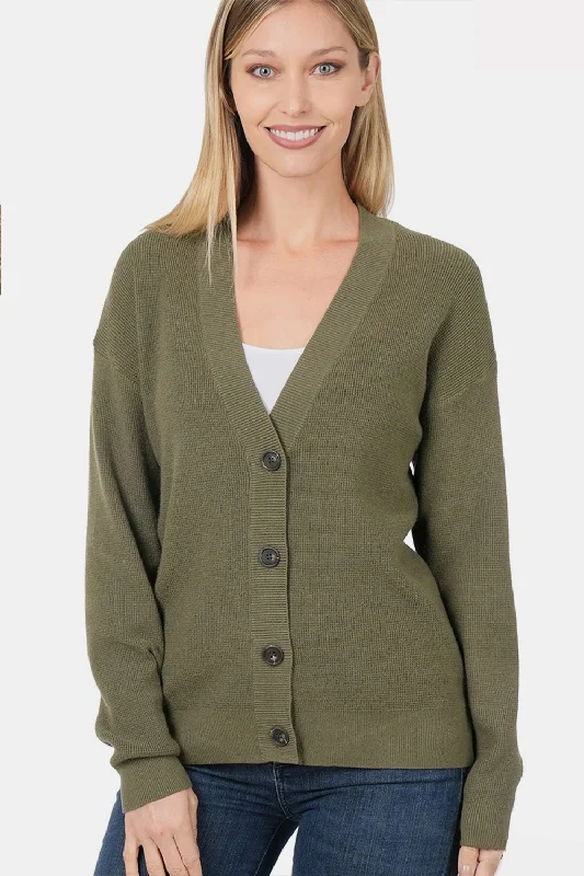 Zenana Button Up V-Neck Dropped Shoulder Cardigan Relaxed Women's 