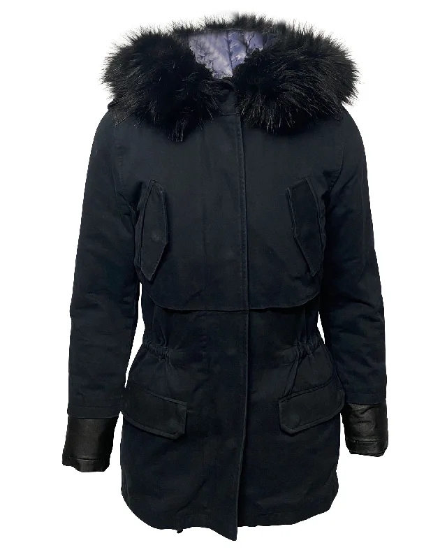 Maje Long Down Jacket with Fur Trim Hoodie in Blue Nylon Practical Women's Multi - 