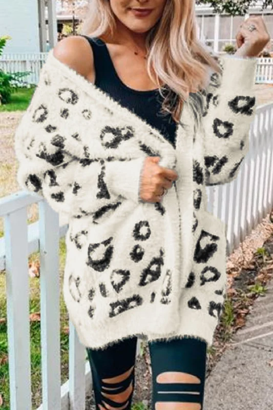 Leopard Open Front Cardigan with Pockets Luxurious Women's High -  end