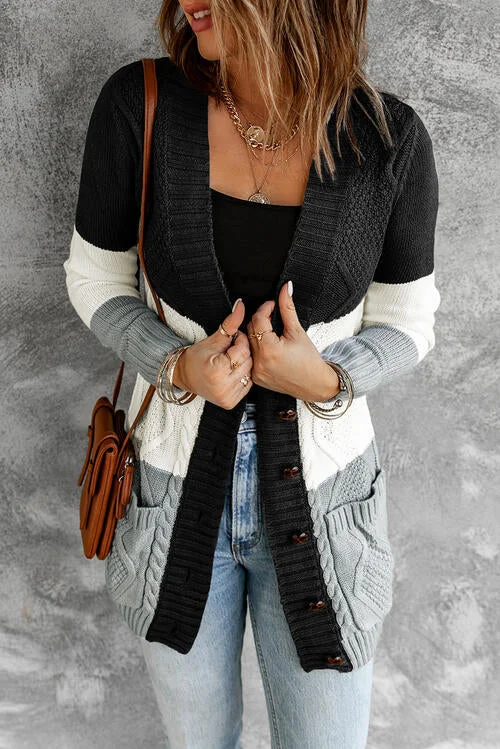 Cable Knit Button Up Long Sleeve Cardigan Relaxed Women's Beachy