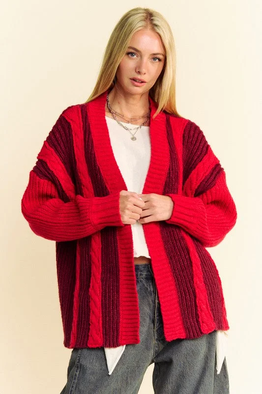 Davi & Dani Cable-Knit Color Block Open Front Cardigan Cool Women's Distressed