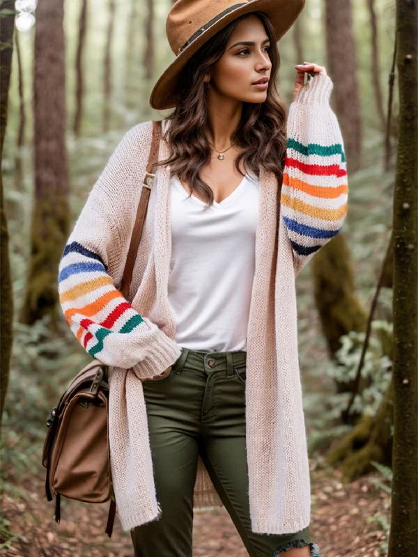Striped Open Front Long Sleeve Cardigan Sustainable Organic