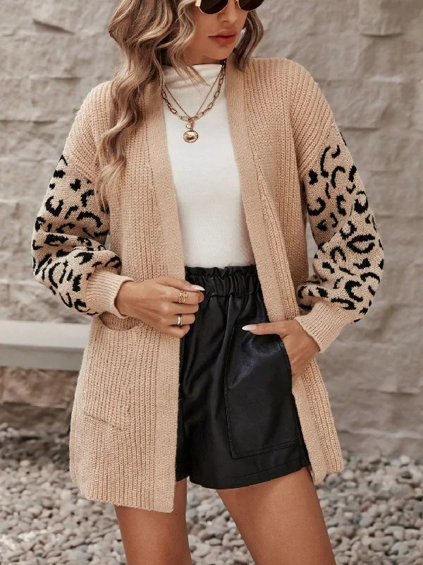 Pocketed Leopard Open Front Cardigan Hip Women's Retro