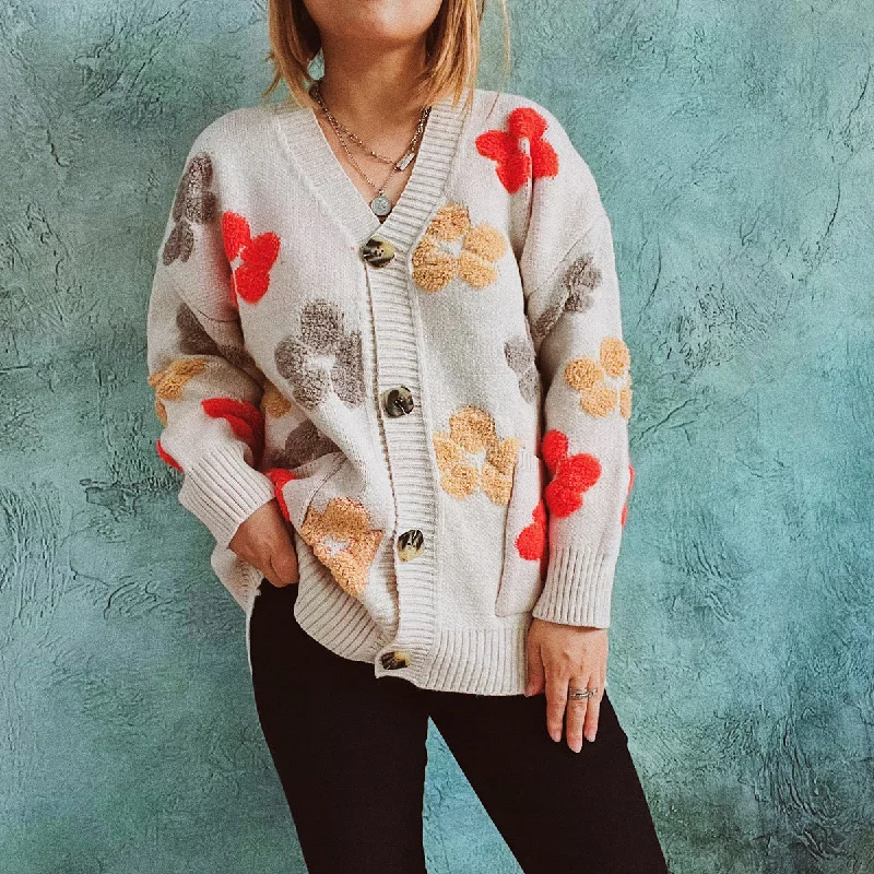 Floral V-Neck Button Up Cardigan with Pockets Geometric
