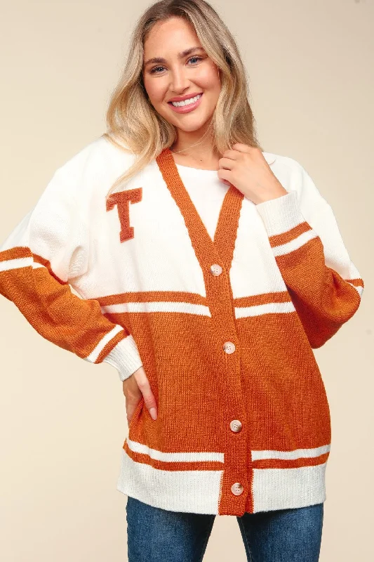 Haptics Full Size V Neck Button Down Letter Patch Cardigan Adventure