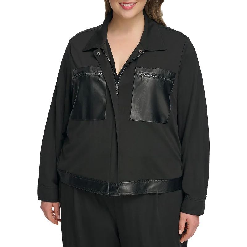 Plus Womens Faux Leather Trim Lightweight Shirt Jacket Classic Women's Tweed