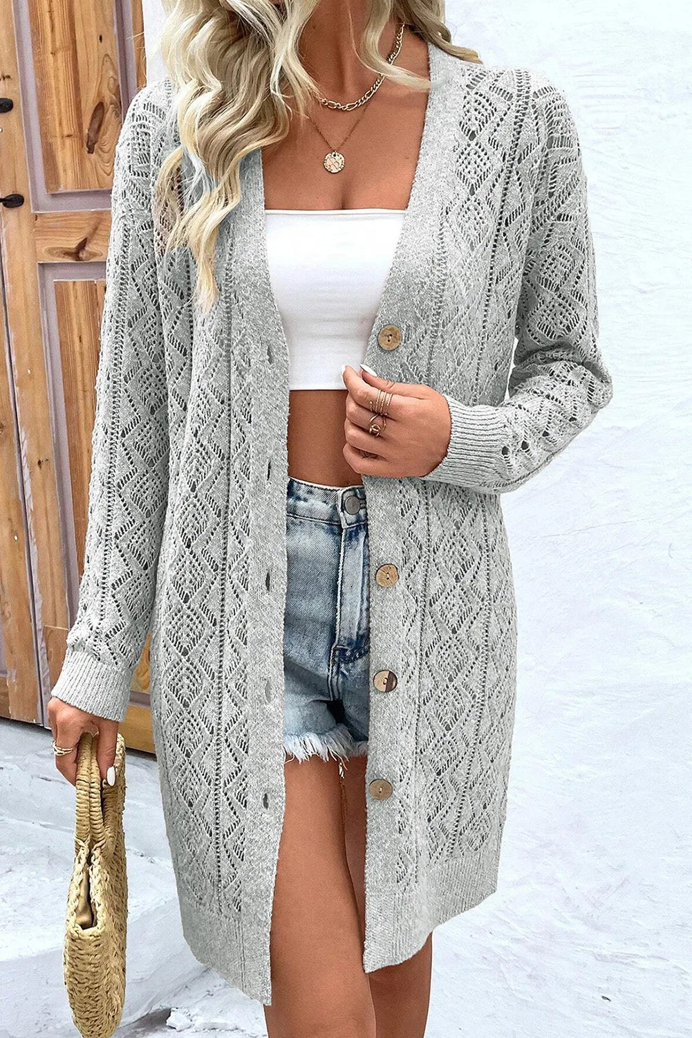 Openwork Button Down Long Sleeve Cardigan Monochromatic Office Style