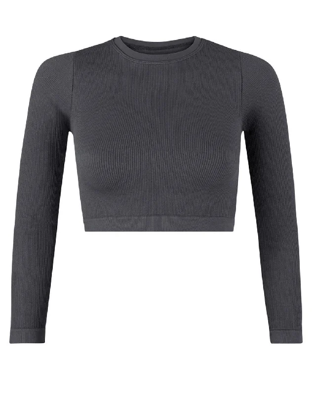 EVOKE Ribbed Long-Sleeve Crop Top | Slate Grey Cool Women's Distressed
